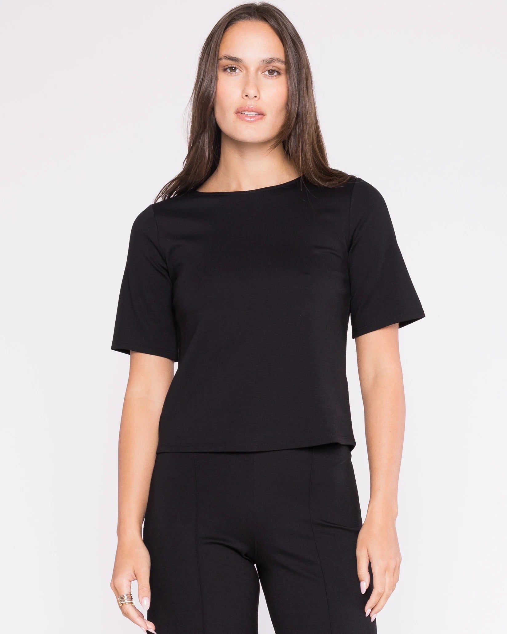 Ponte Knit Short Sleeve Shirt Extended - Black