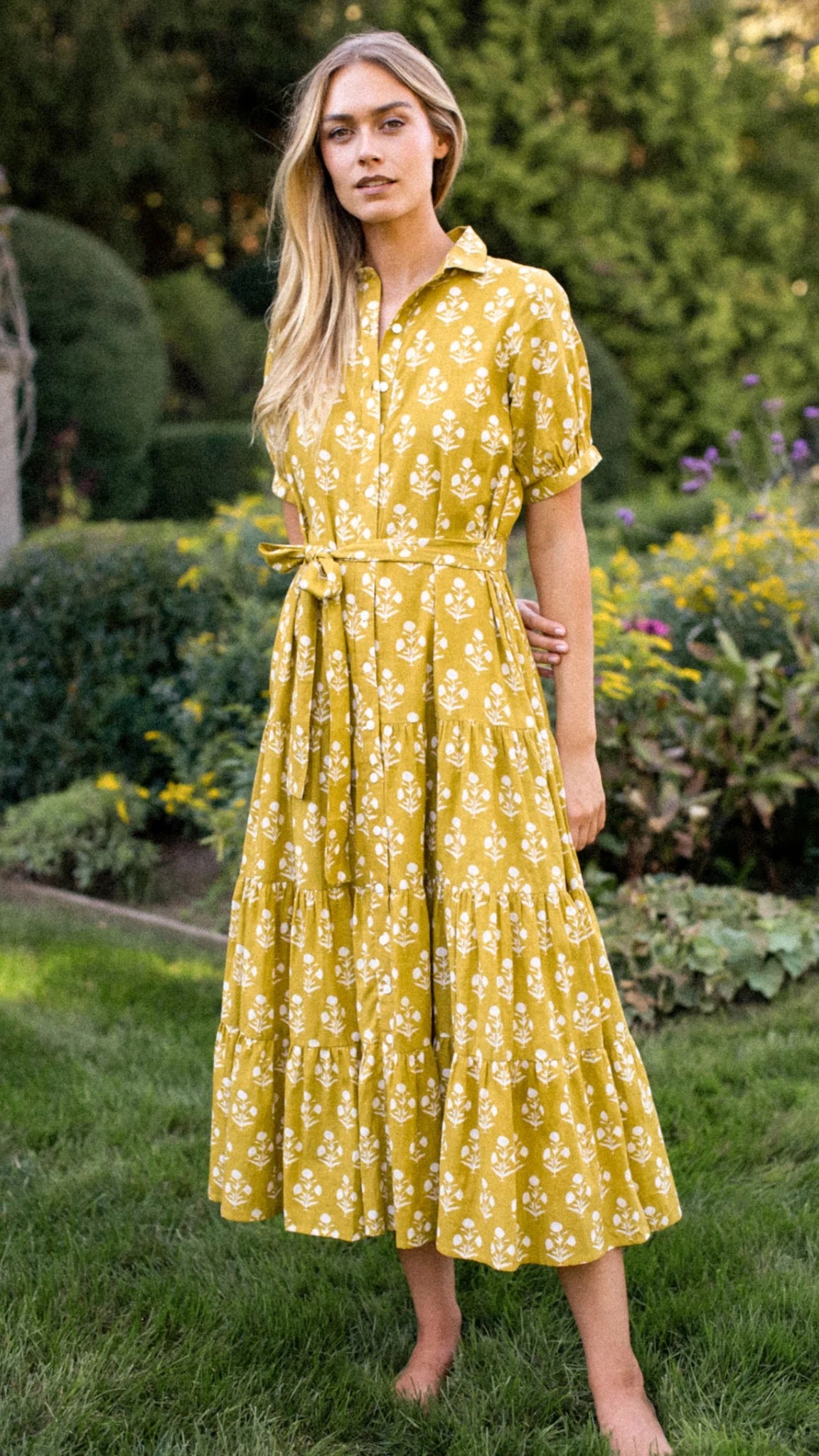 Short Sleeve Shirt Dress- Chartreuse Daffodil