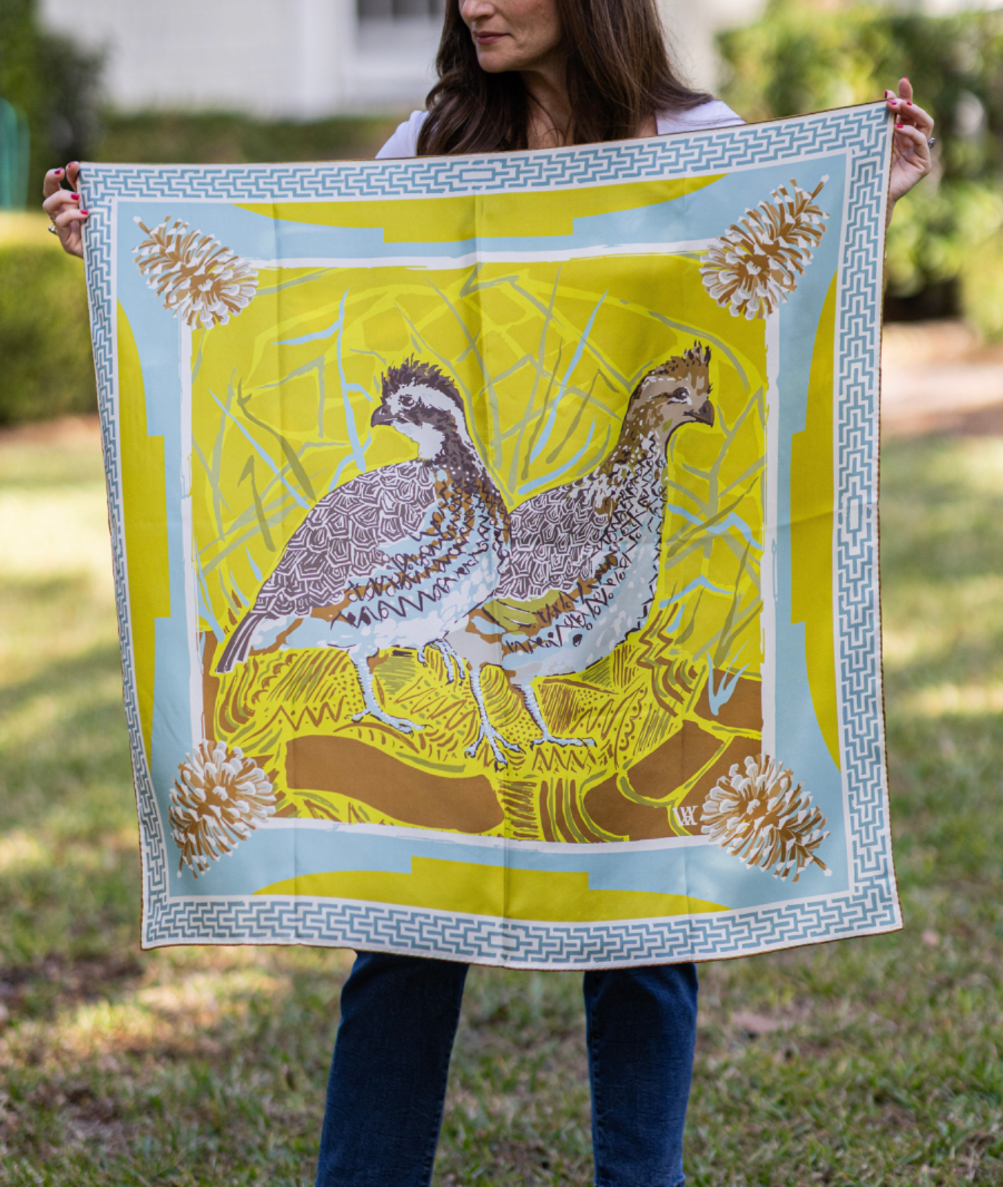 Chartreuse Quail Pair - Double-Sided Silk Scarf