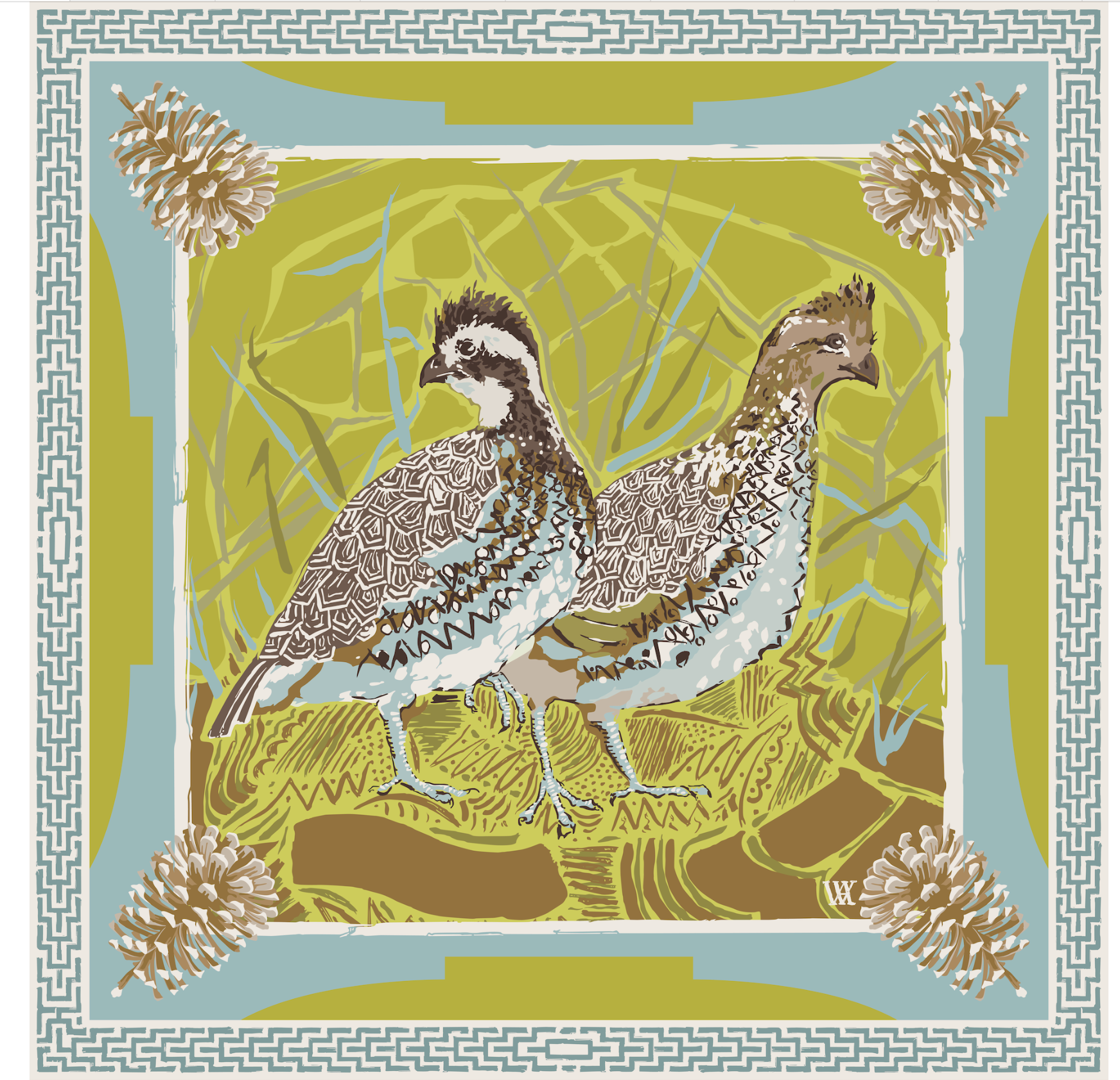 Chartreuse Quail Pair - Double-Sided Silk Scarf