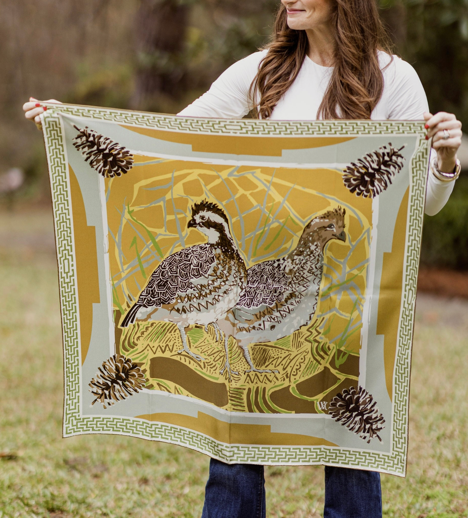 Gold Quail Pair - Double-Sided Silk Scarf