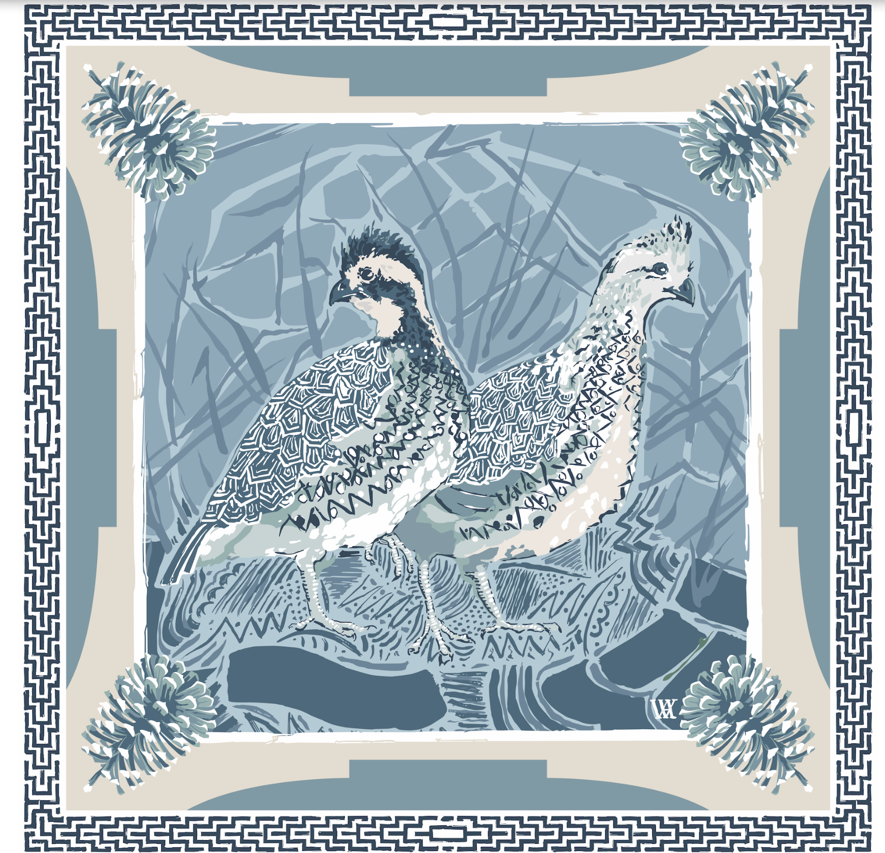 Blue Quail Pair - Double-Sided Silk Scarf