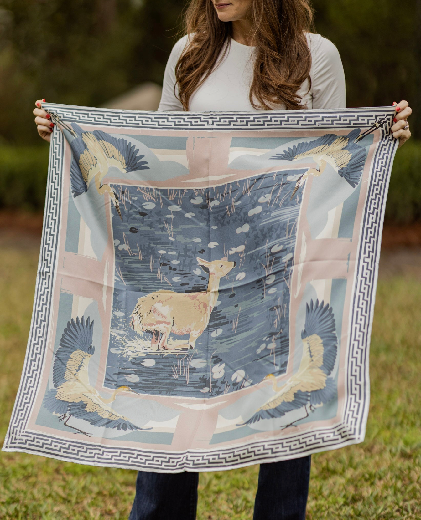 Blue Lily Pad Doe - Double-Sided Silk Scarf