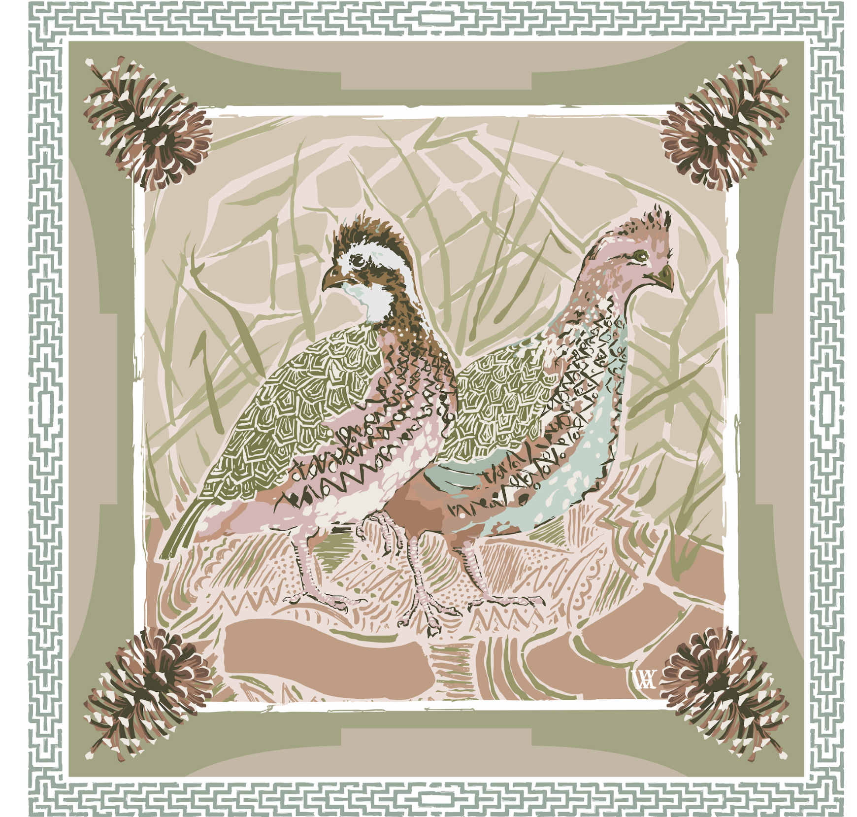 Pink Quail Pair - Double-Sided Silk Scarf