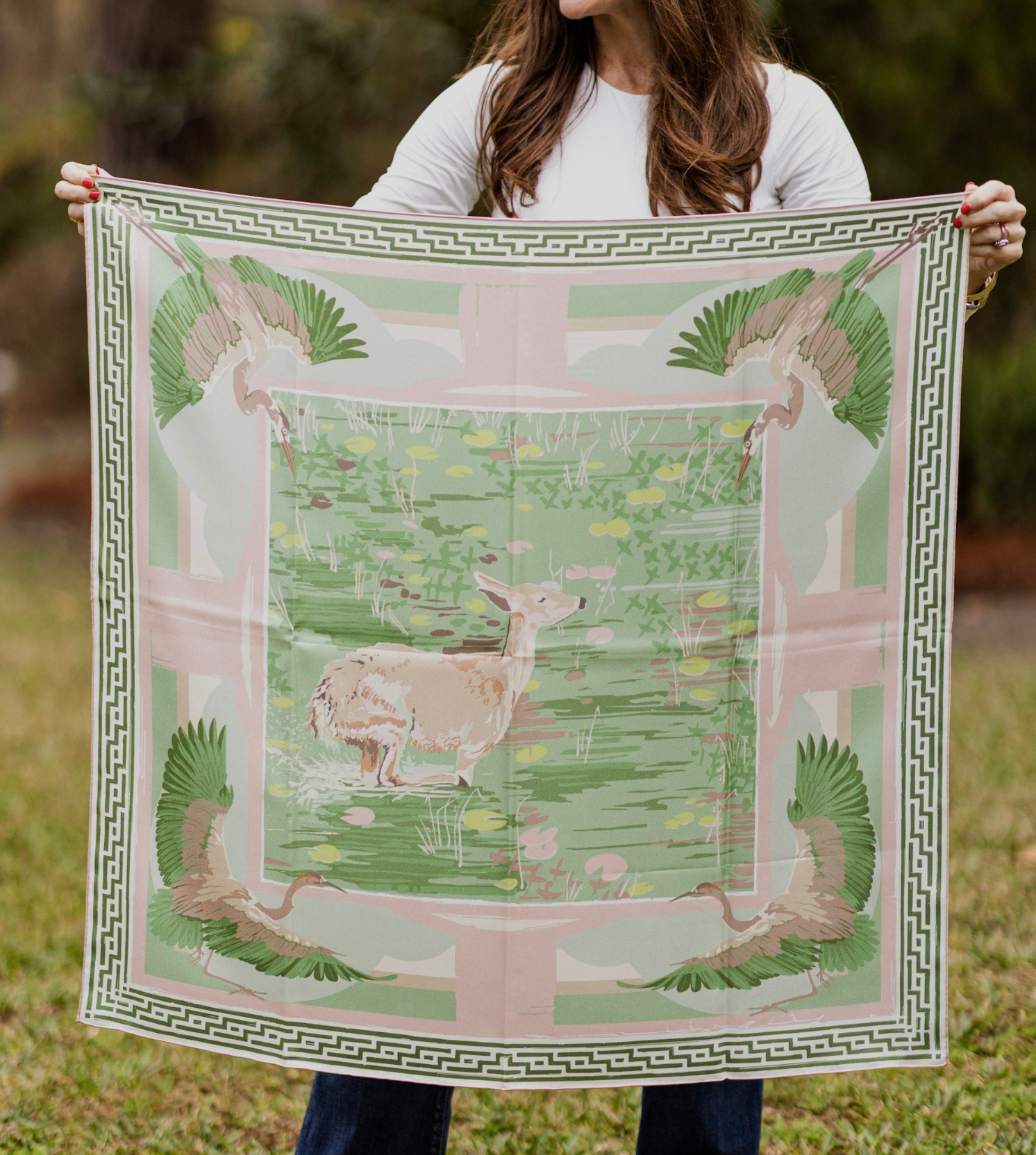 Green Pink Lily Pad Doe - Double-Sided Silk Scarf
