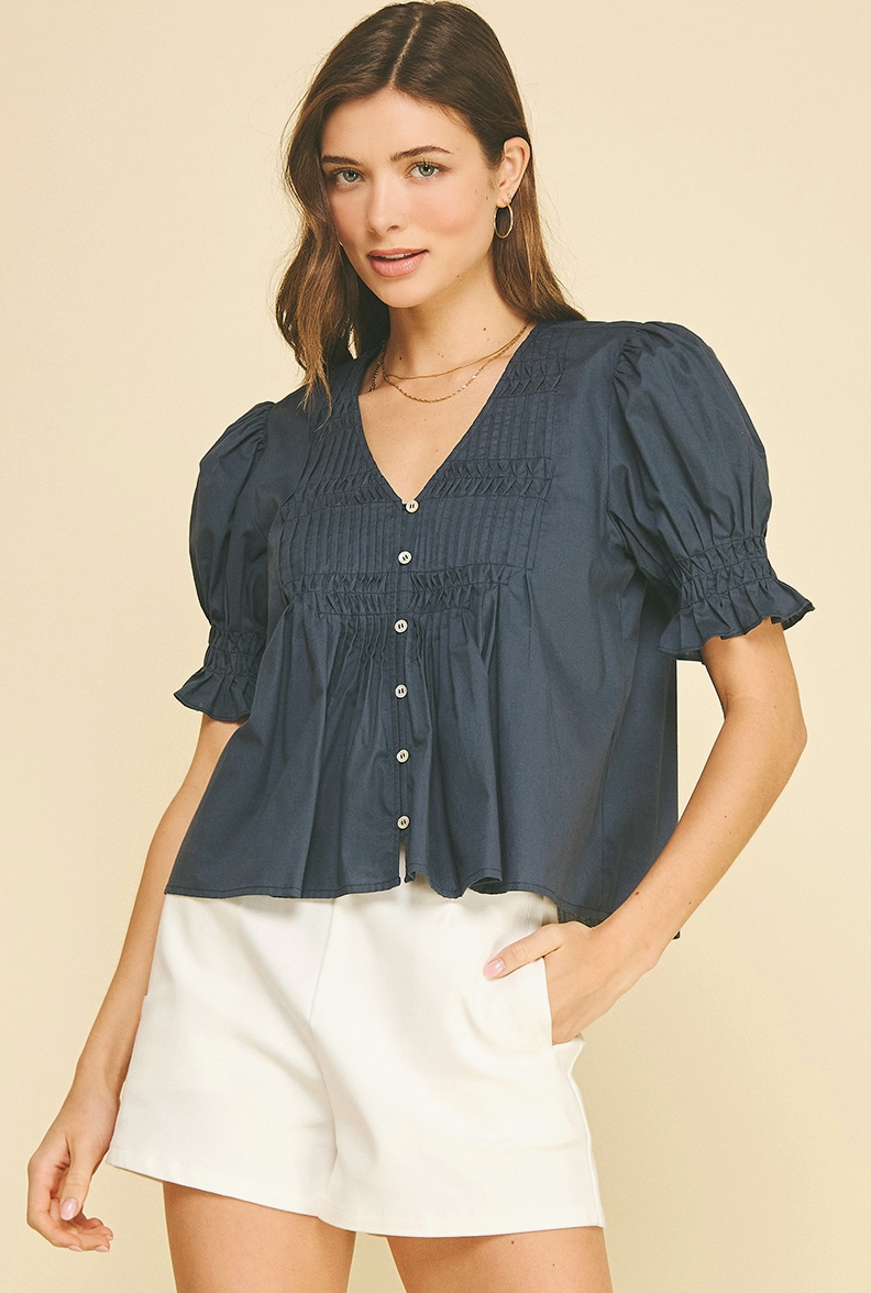 Tucked Detail Button Down Blouse Top