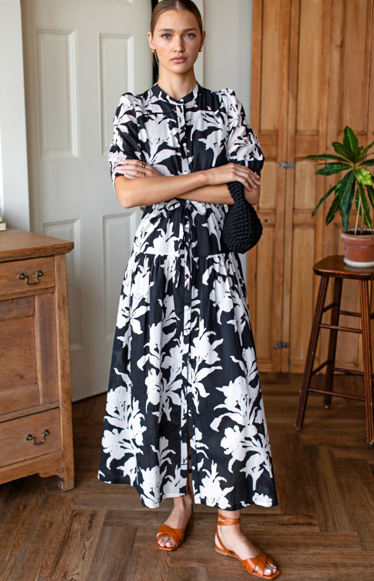 LUCY 4 BASQUE DRESS - BLACK + IVORY ORCHID