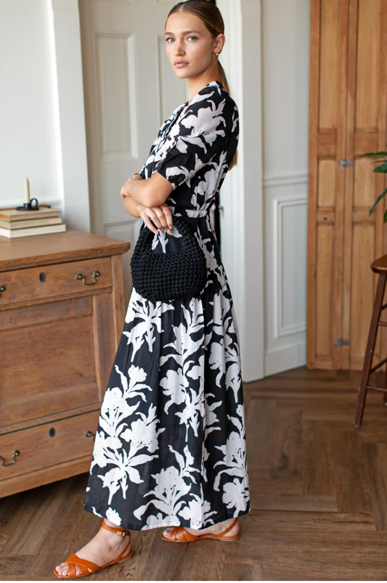 LUCY 4 BASQUE DRESS - BLACK + IVORY ORCHID