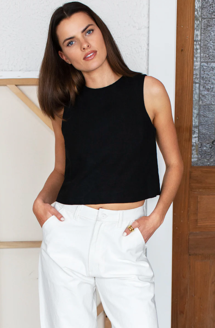 STUDIO BOXY TOP - JET BLACK LINEN