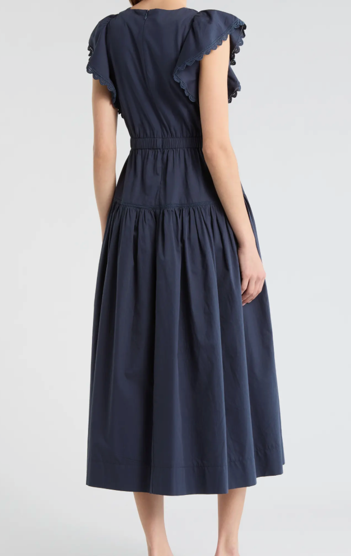 Navy Short Ruffle Sleeve Midi Dress