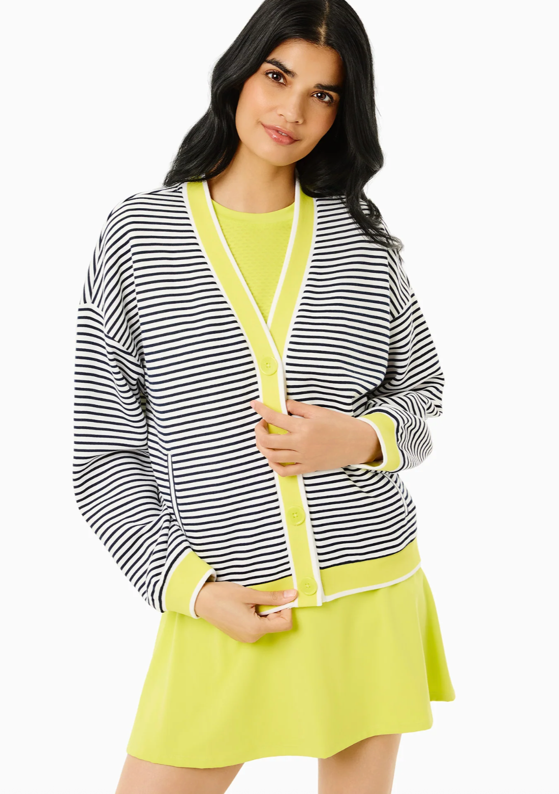 Soft Luxe Abbott Sweatshirt Cardigan - Super White/Navy Stripe/Chartreuse
