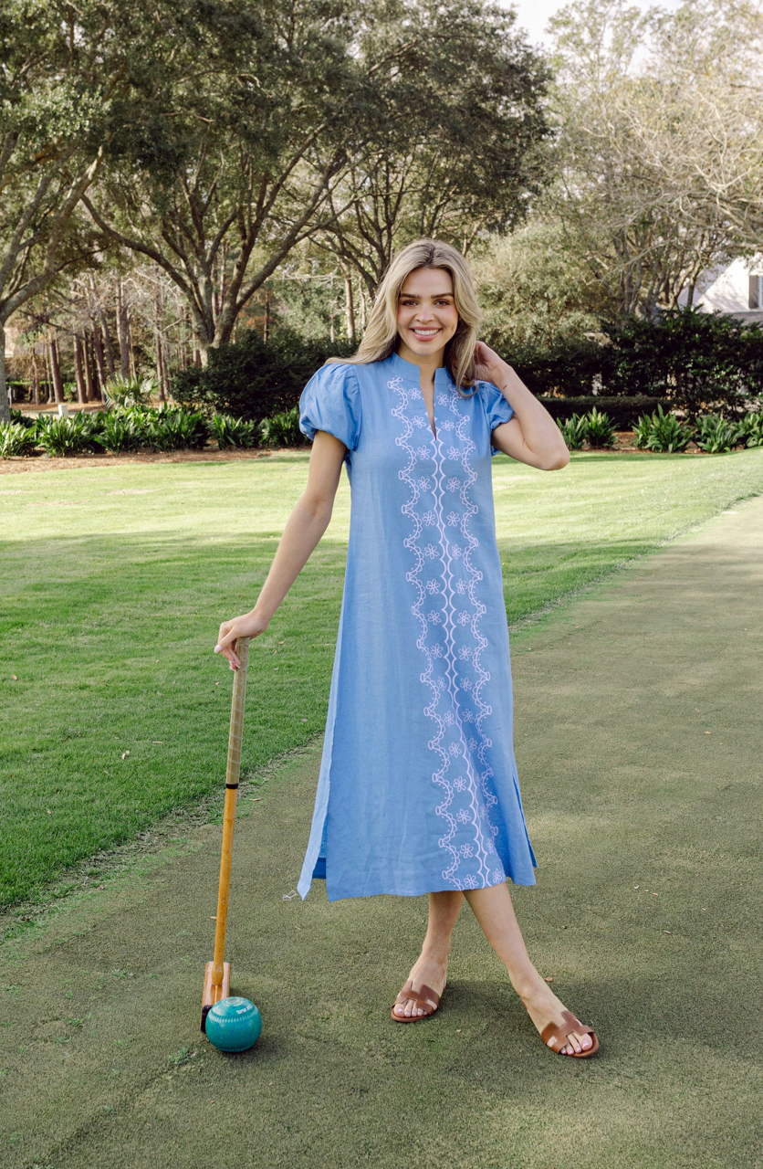 Blue Embroidered Puff Midi