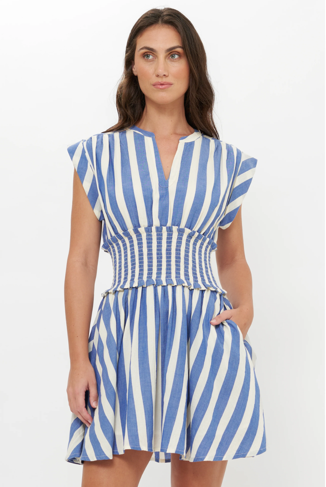 Smocked Waist Roll Sleeve - Solana Blue