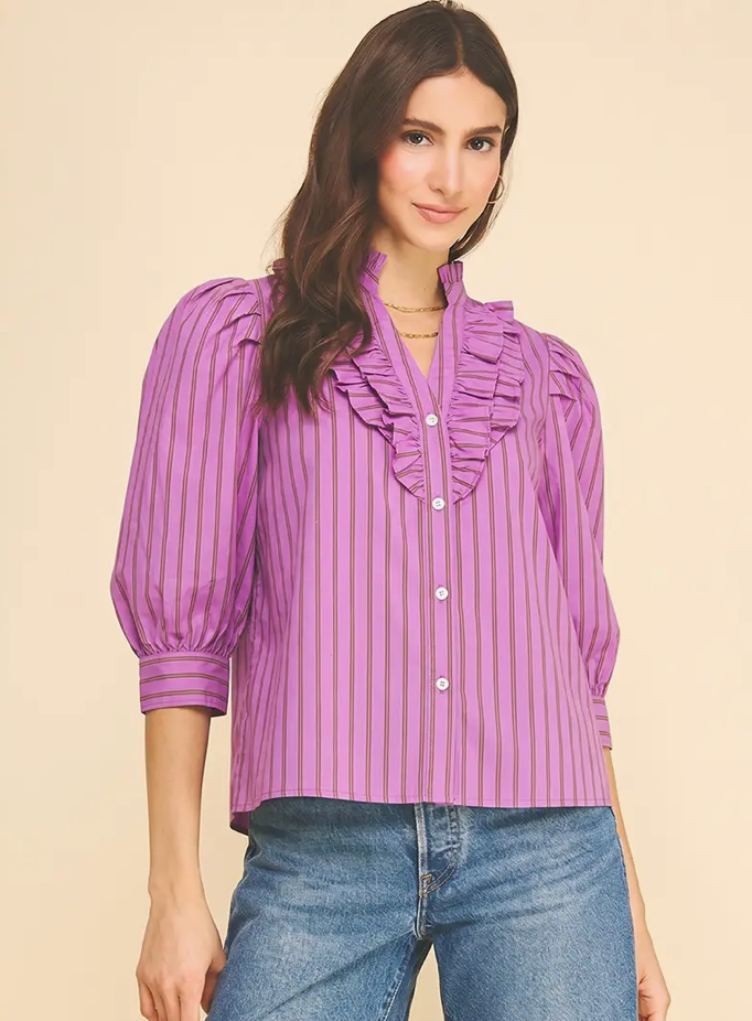 Striped Ruffle Puff Sleeve Blouse