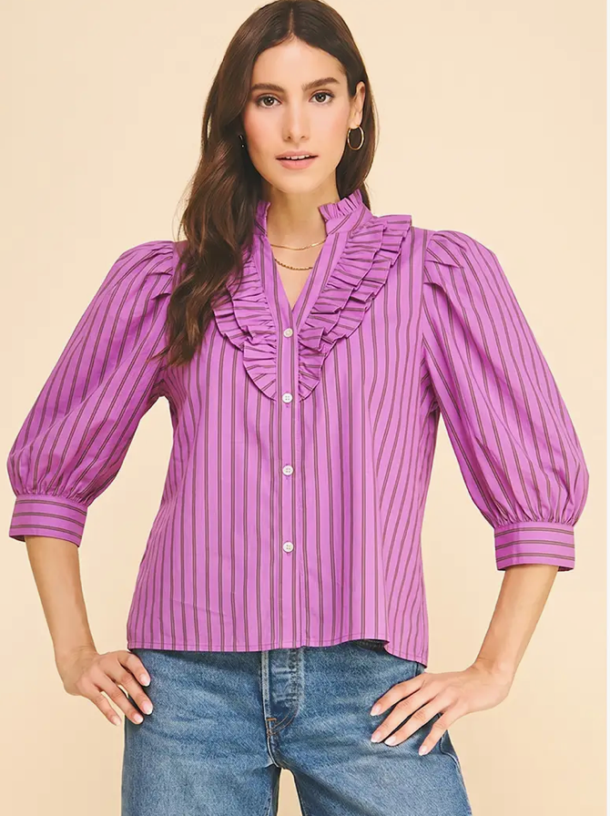 Striped Ruffle Puff Sleeve Blouse