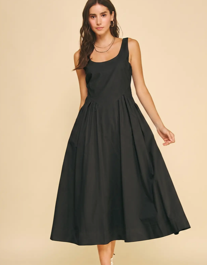 A-Line Poplin Midi dress- Black