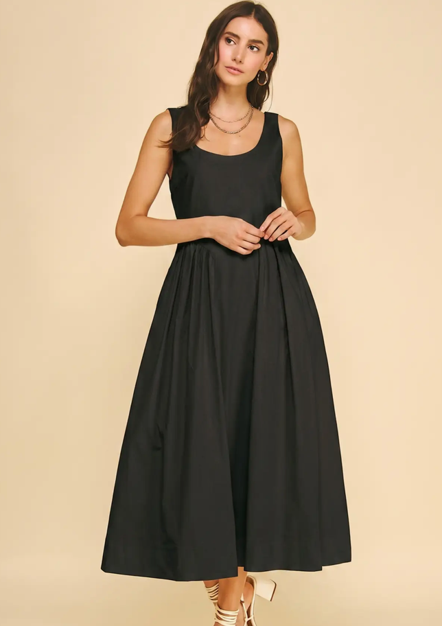 A-Line Poplin Midi dress- Black