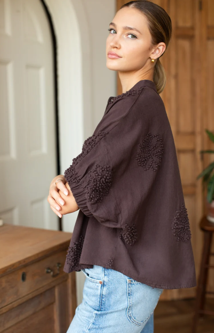 Mandarine Collar Top- French Knot Floral Vintage Chestnut