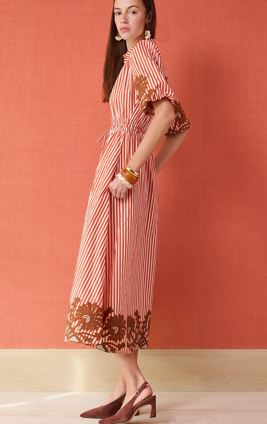Banyan Puff Sleeve Midi Dress- Terracotta Stripe