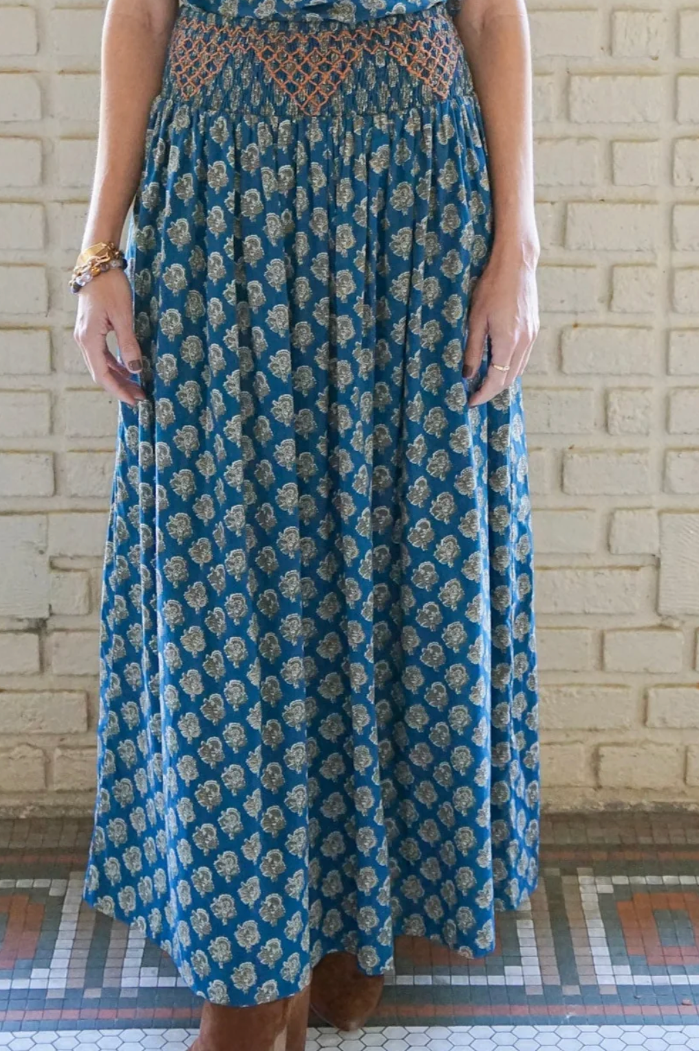 Mia Maxi Skirt in Teal Blockprint