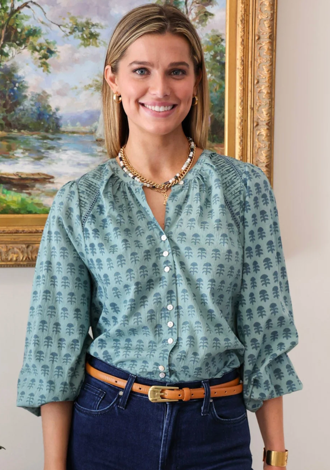 Greta Blouse in Teal Blockprint