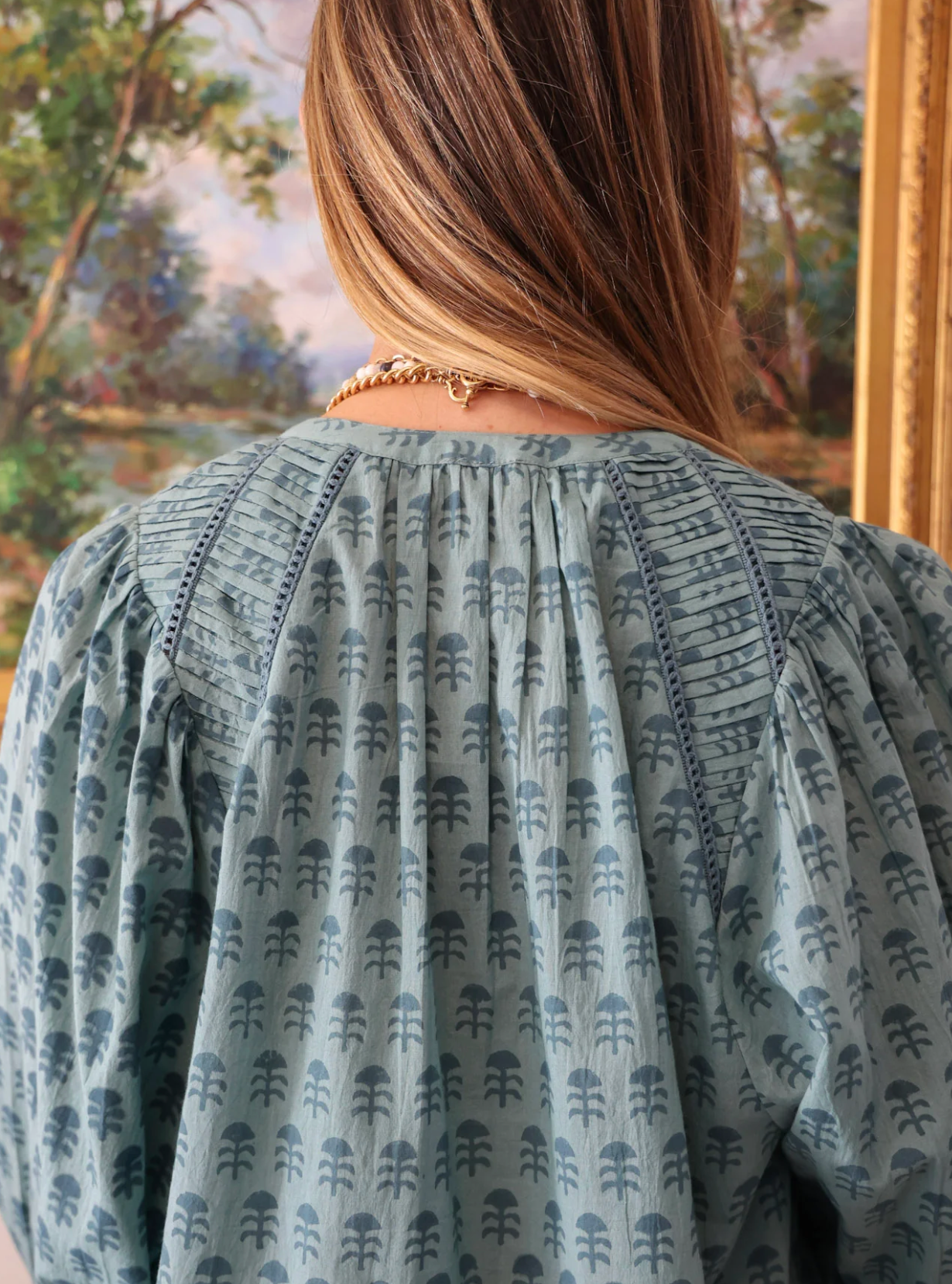 Greta Blouse in Teal Blockprint