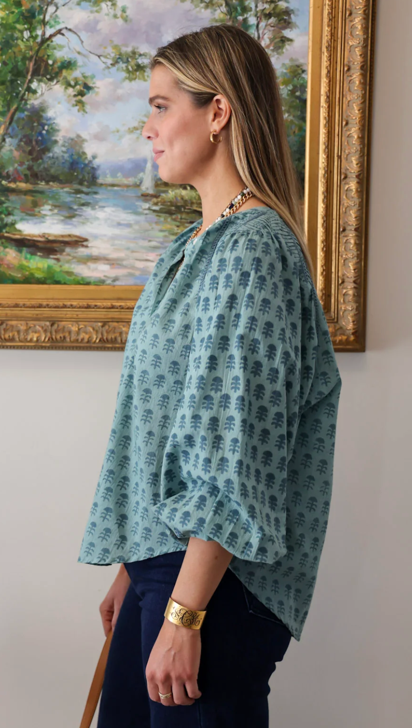 Greta Blouse in Teal Blockprint