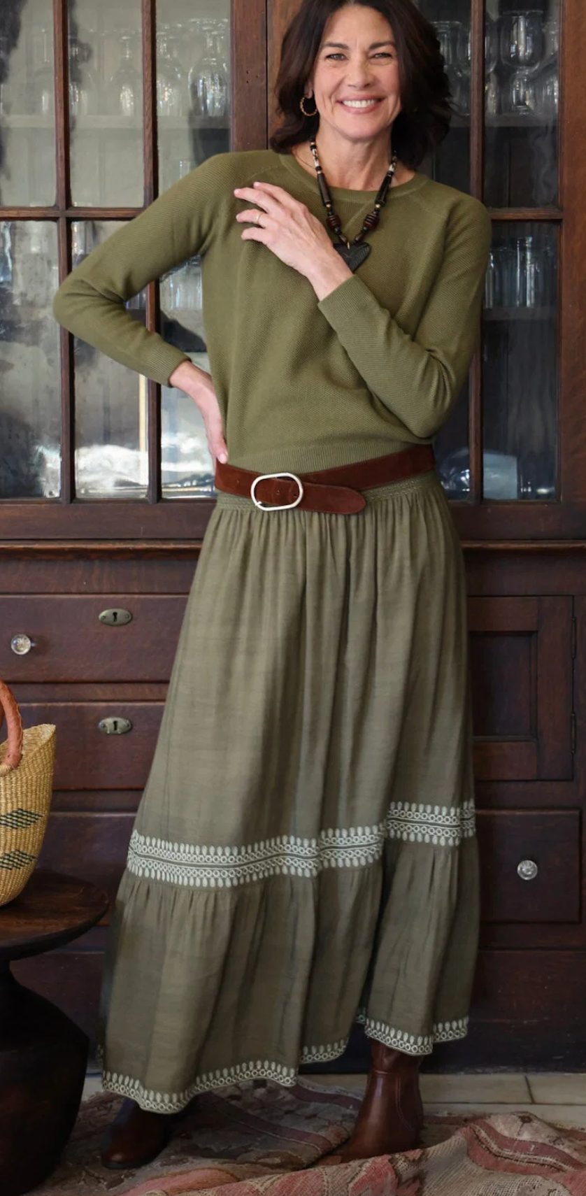 Suzie Embroidered Maxi Skirt in Deep Olive