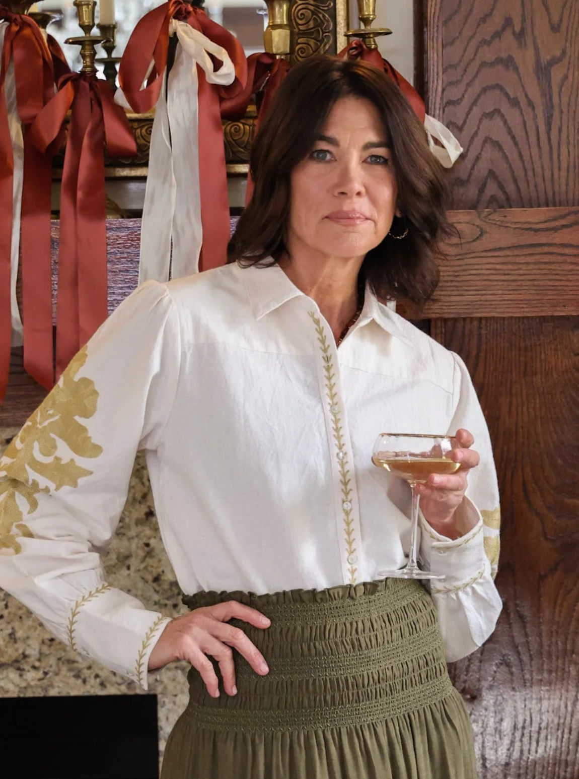 Layla Embroidered Blouse in Off White Chambray