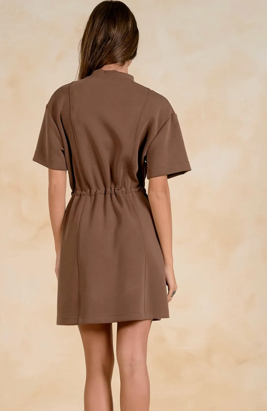 Short Sleeve Crew Neck Dress- Brown