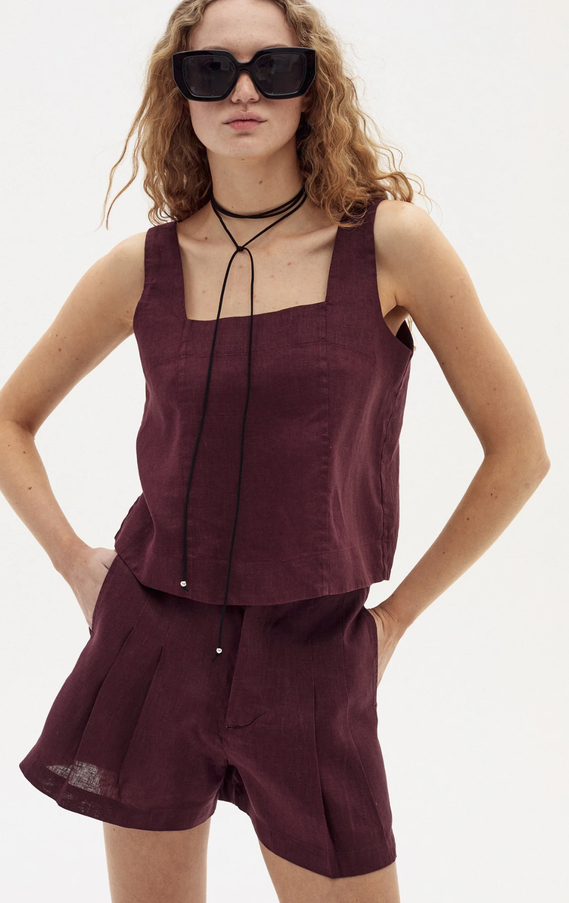 Mei Linen Top- Deep Merlot
