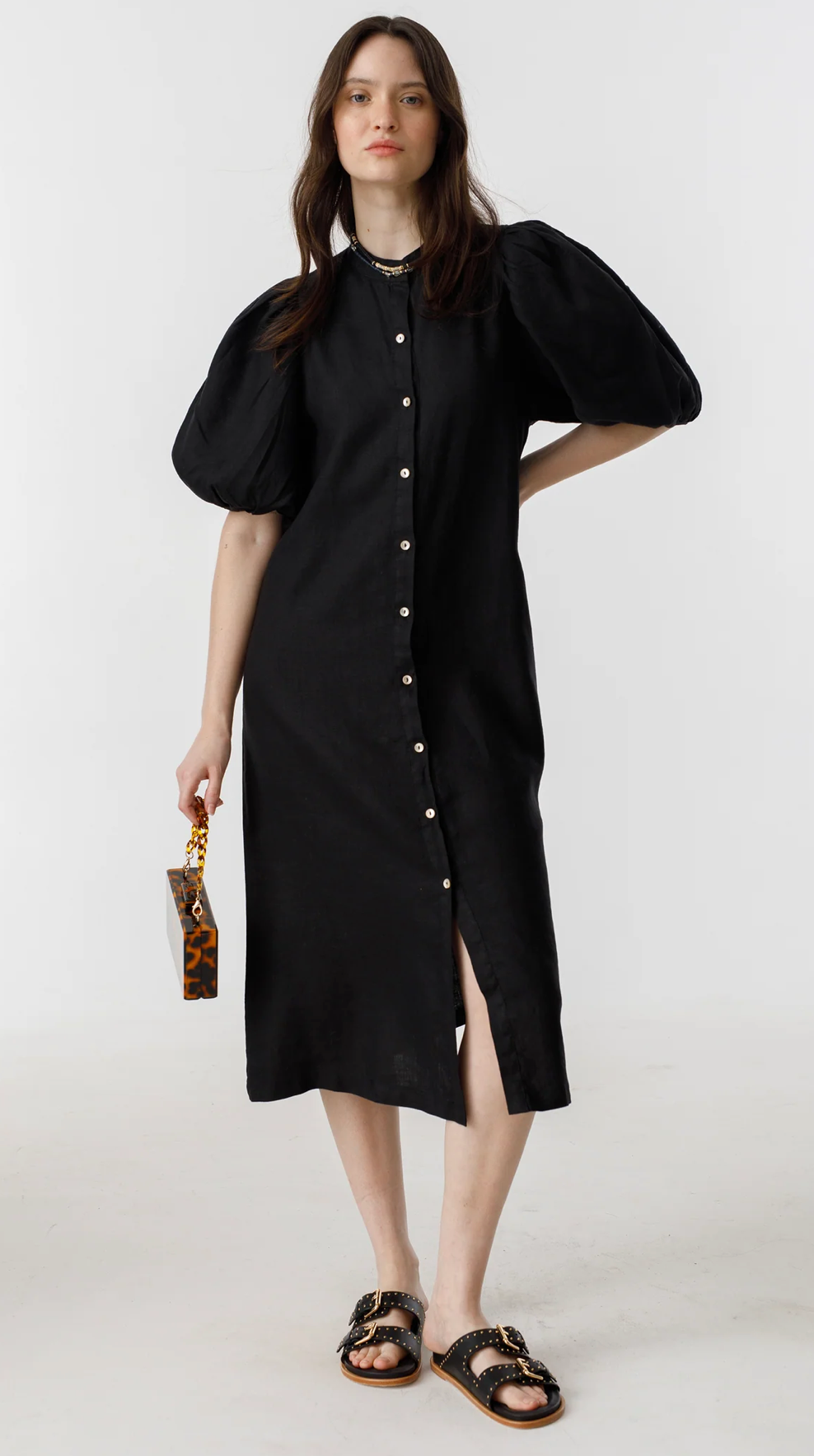 Bubble Linen Dress- Black