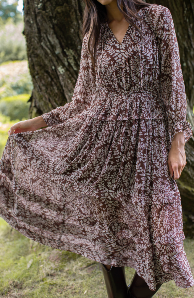Willow Chiffon Midi Dress- Chocolate Floral