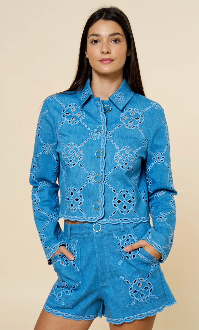 Embroidered Scalloped Trim Button Up Jacket