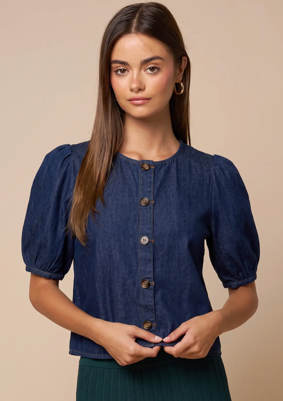Denim Button-Down Puff Sleeve Top