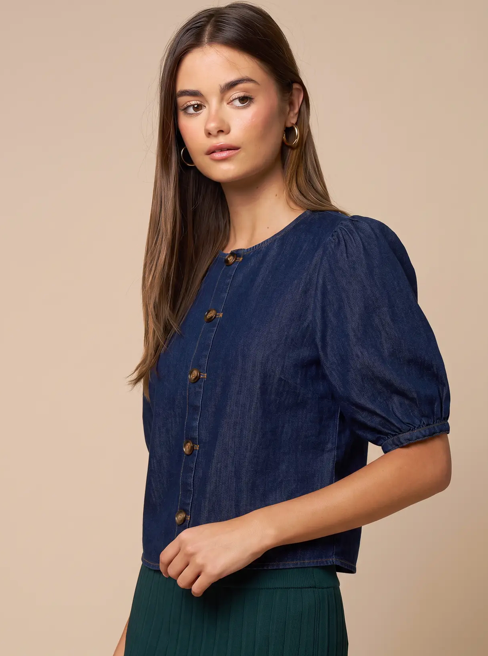 Denim Button-Down Puff Sleeve Top