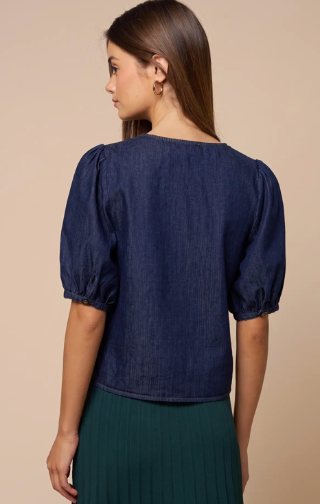 Denim Button-Down Puff Sleeve Top