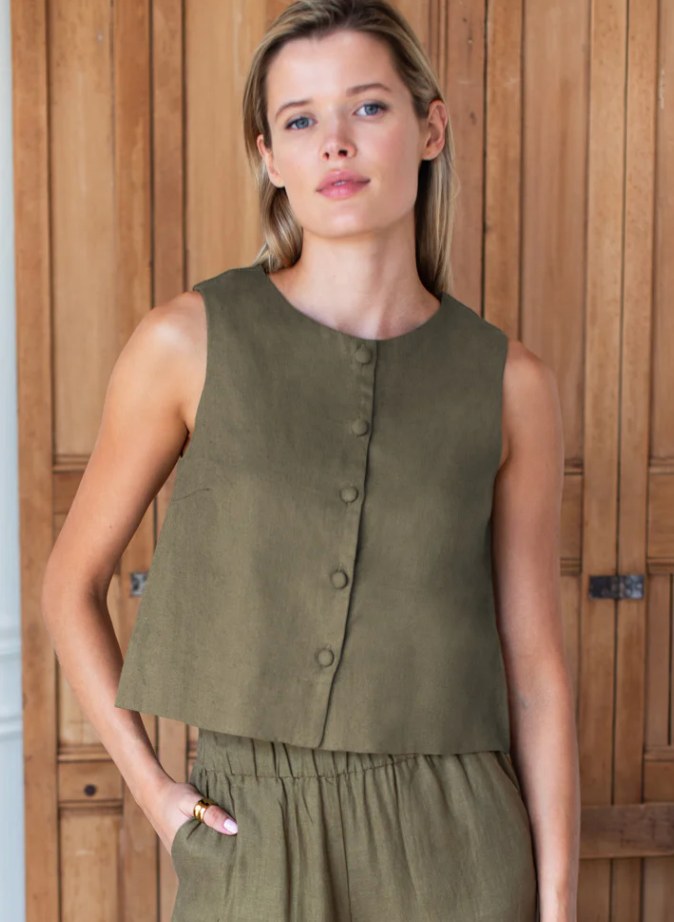 Button Front Wide Hem Top- Gothic Olive Linen