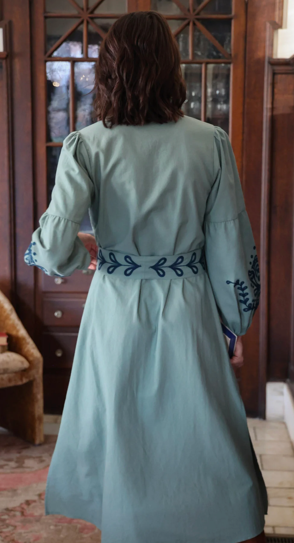 Audrey Ankle Dress in Agave with Teal Embroidery