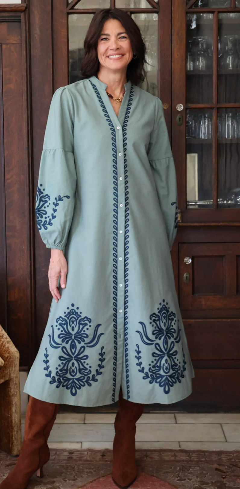 Audrey Ankle Dress in Agave with Teal Embroidery