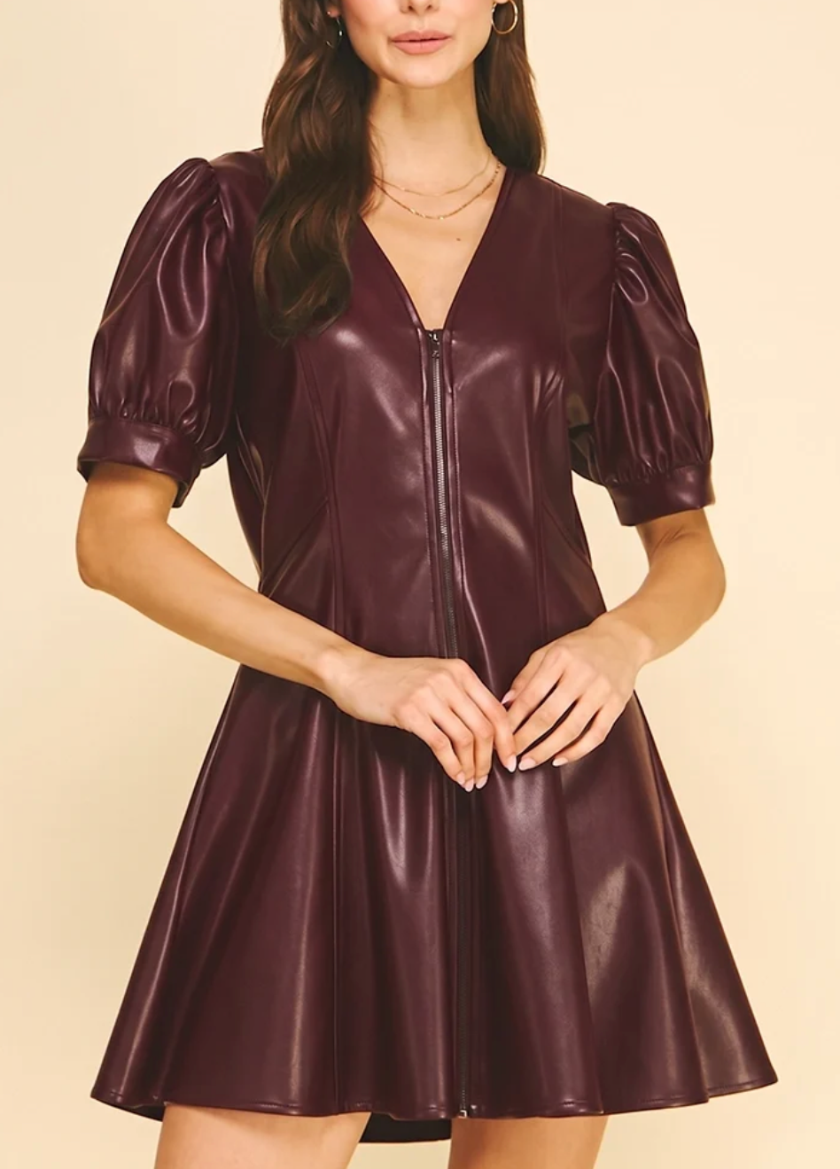 Faux Leather V-Neck Mini Dress- Burgundy