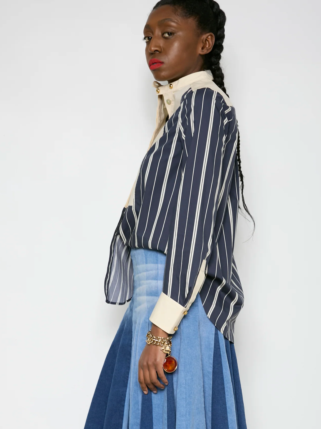 Contrast Bib Shirt- Indigo Stripes