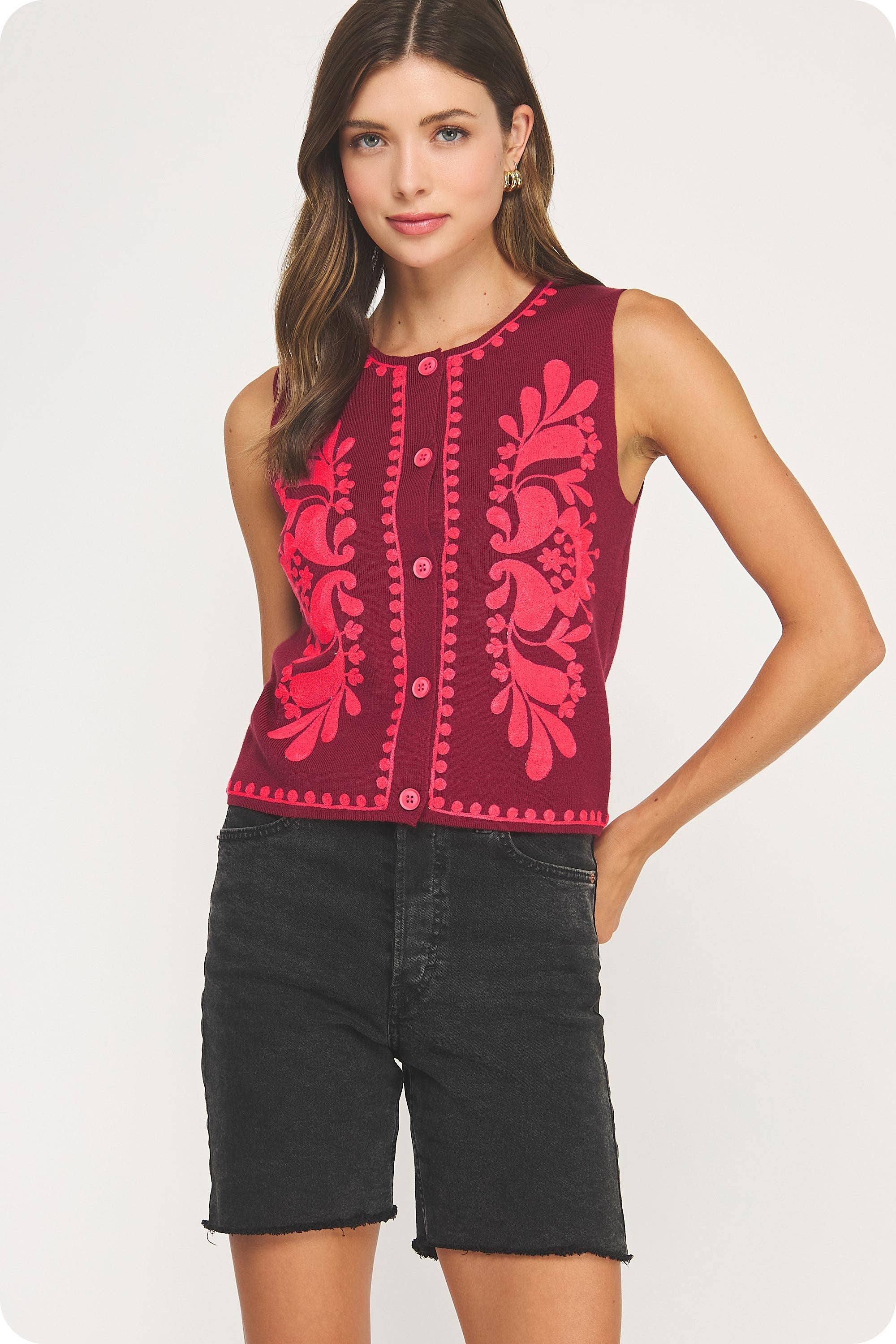 Embroidered Sleeveless Knitted Vest Top