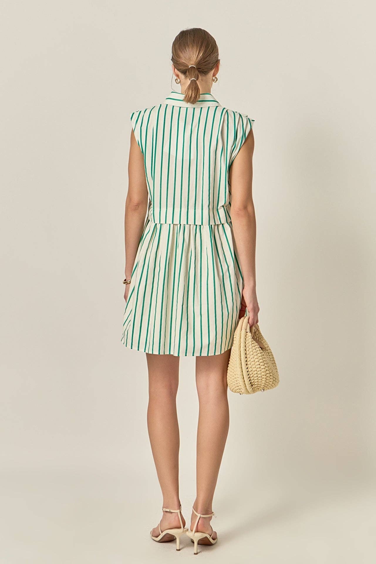 Striped Pleated Shoulder Shirt Mini Dress