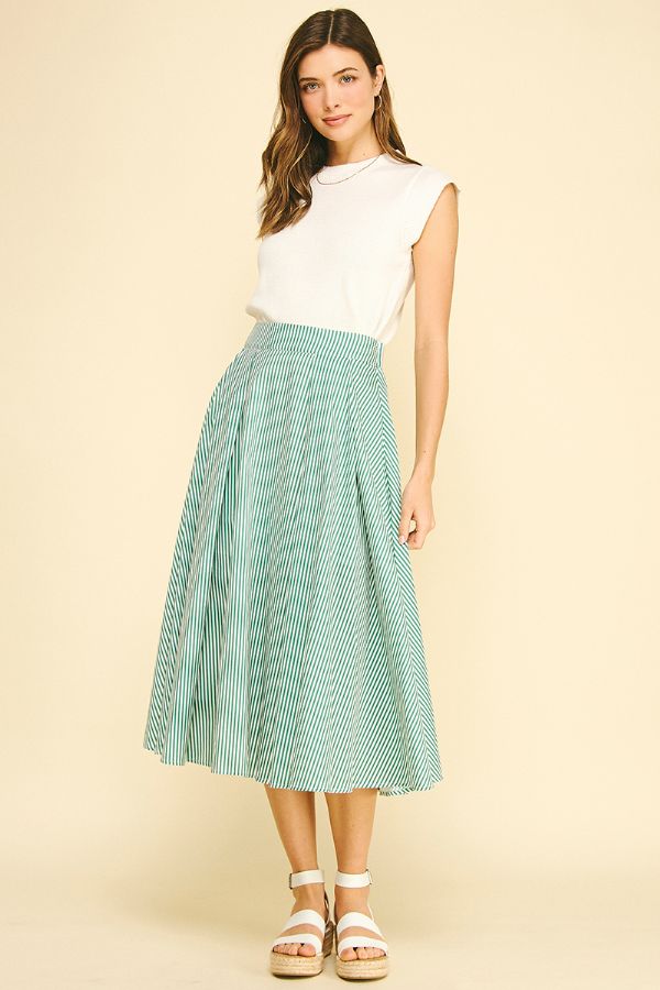 Kelly Green Striped A-Line Midi Skirt